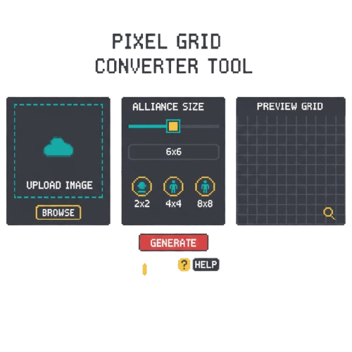 Interfaz del conversor Wplace - área de subida, selector de tamaño de alianza y panel de vista previa para conversión de arte pixelado
